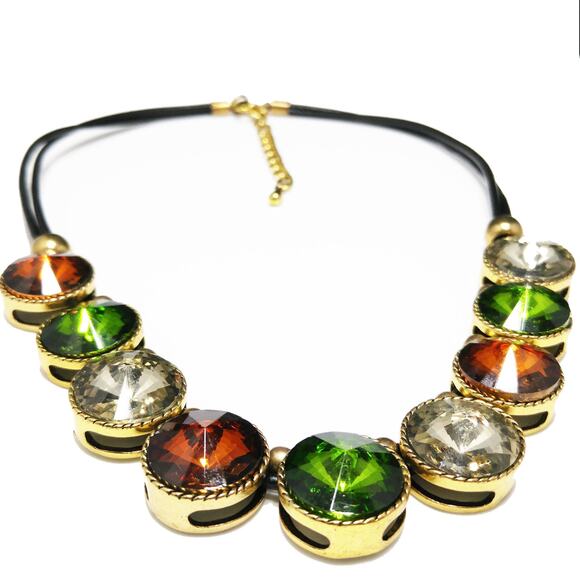 Vintage Rivoli Rhinestone Leather Necklace, Large Orange Green Clear Rhinestones - Picture 6 of 10